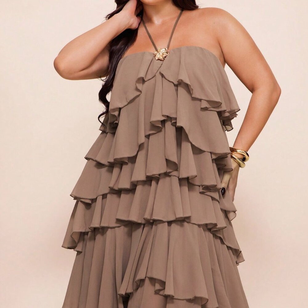 Coffee Brown Casual Women's Plus Size Color Multi-Layer Halter Dress - Picture 1 of 7